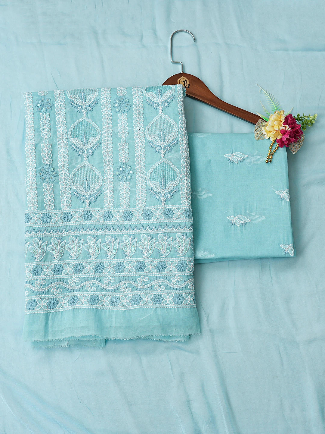 Ada Hand Embroidered Blue Cotton Lucknowi Chikankari Unstitched Suit Piece With Cutdana Work 01A678198