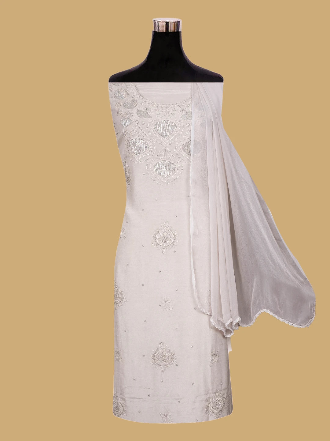 Ada Hand Embroidered Latte Brown Muslin Lucknowi Chikankari Unstitched Suit Piece With Cutdana Work 01A814902