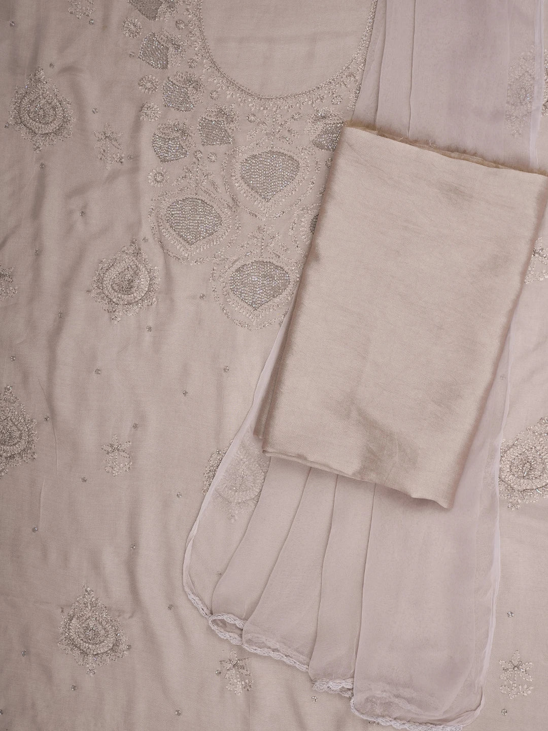 Ada Hand Embroidered Latte Brown Muslin Lucknowi Chikankari Unstitched Suit Piece With Cutdana Work 01A814902
