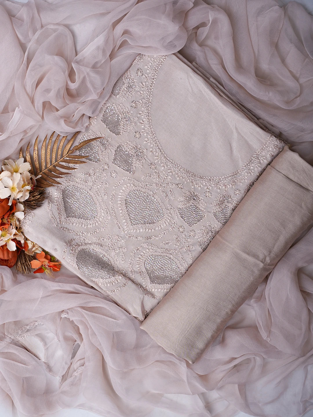 Ada Hand Embroidered Latte Brown Muslin Lucknowi Chikankari Unstitched Suit Piece With Cutdana Work 01A814902