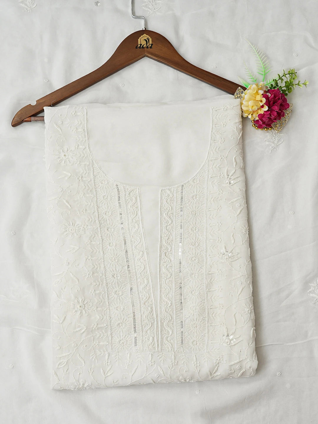 Ada Hand Embroidered White Viscose Georgette Lucknowi Chikankari Unstitched Kurta Dupatta Set With Pearl Work 01A654005