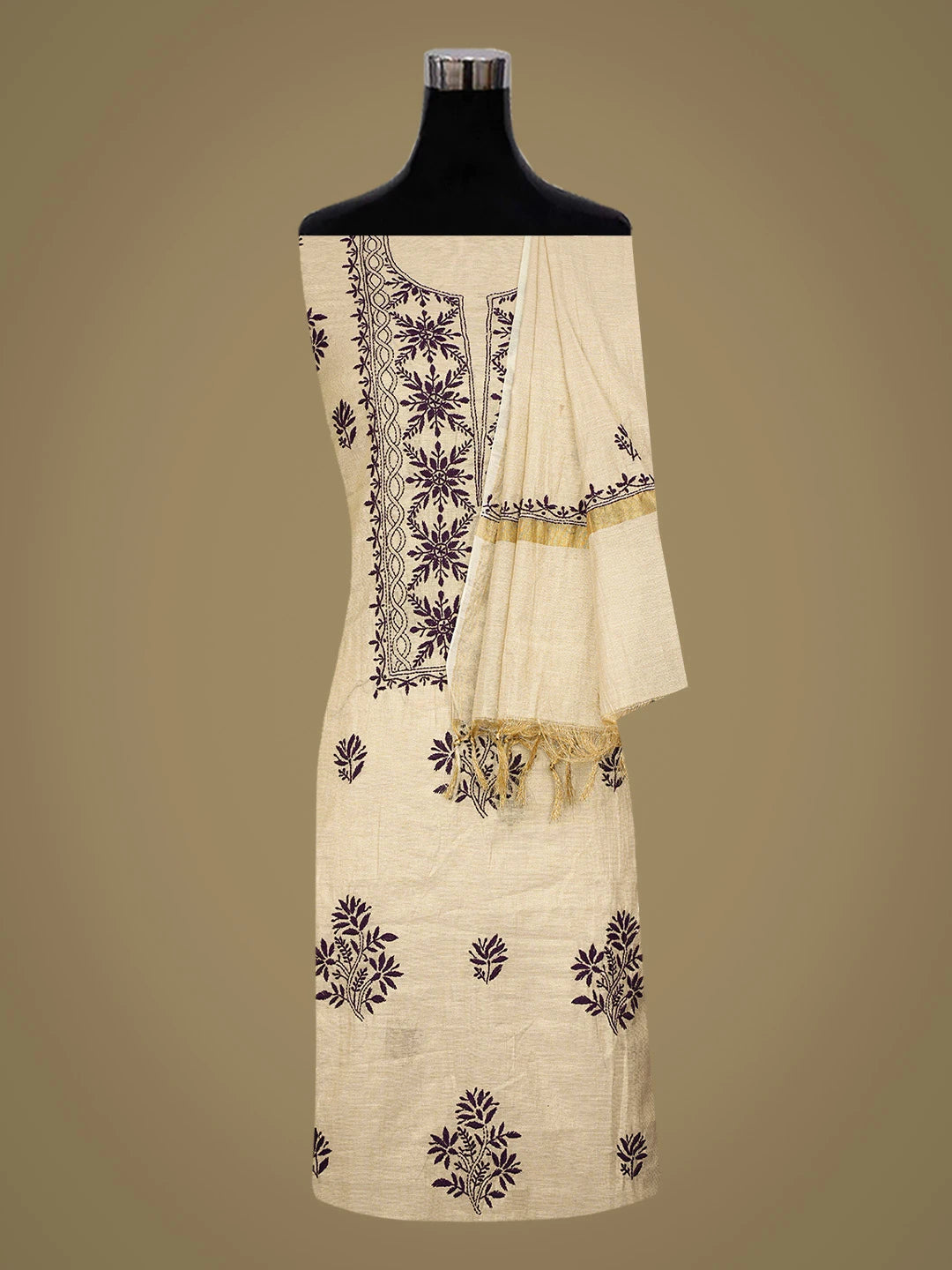 Ada Hand Embroidered Fawn Tissue Lucknowi Chikankari Unstitched Kurta Dupatta Set 01A809541