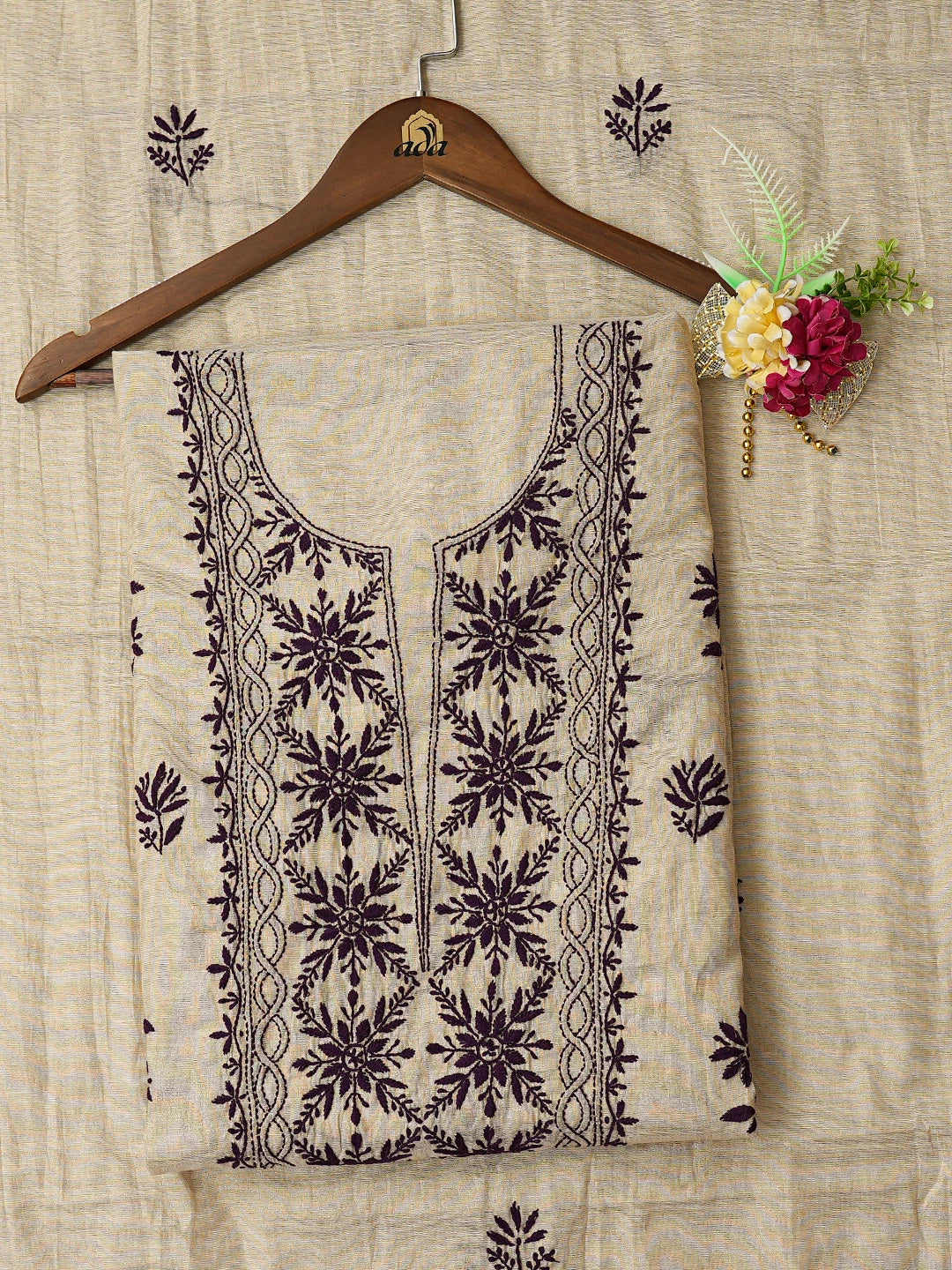 Ada Hand Embroidered Fawn Tissue Lucknowi Chikankari Unstitched Kurta Dupatta Set 01A809541