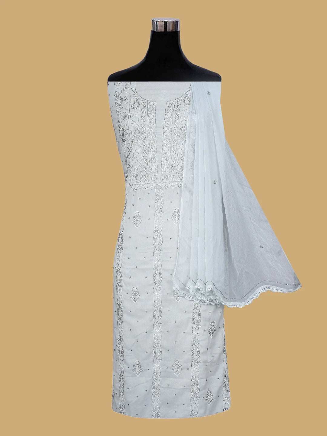 Ada Hand Embroidered Grey Cotton Lucknowi Chikankari Unstitched Suit Piece With Cutdana Work 01A646074