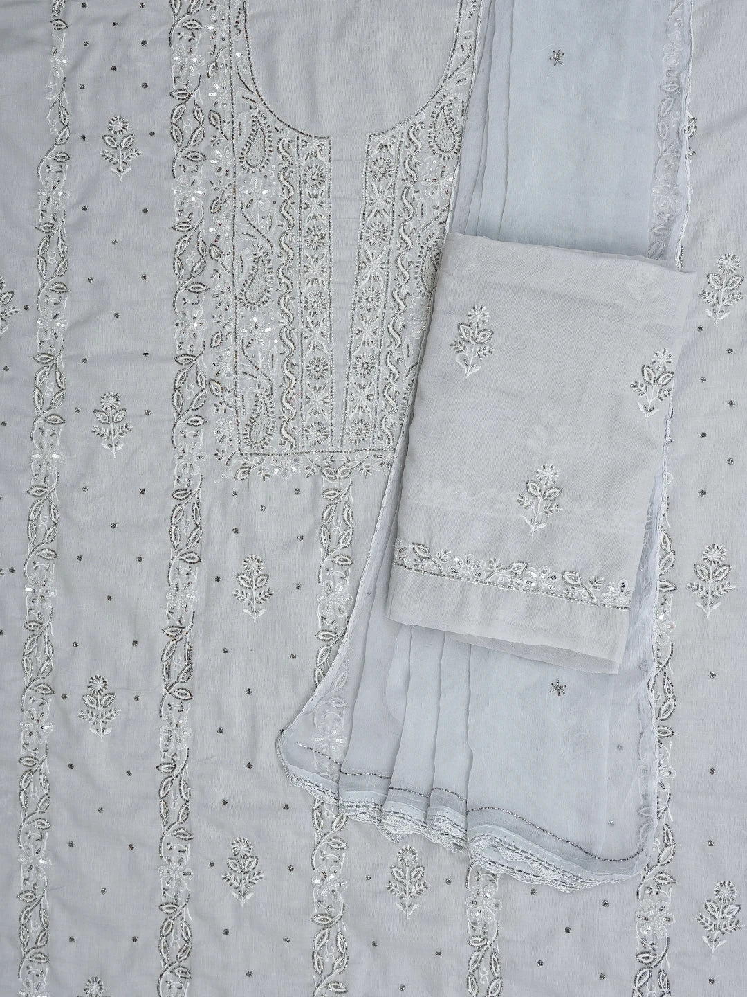 Ada Hand Embroidered Grey Cotton Lucknowi Chikankari Unstitched Suit Piece With Cutdana Work 01A646074
