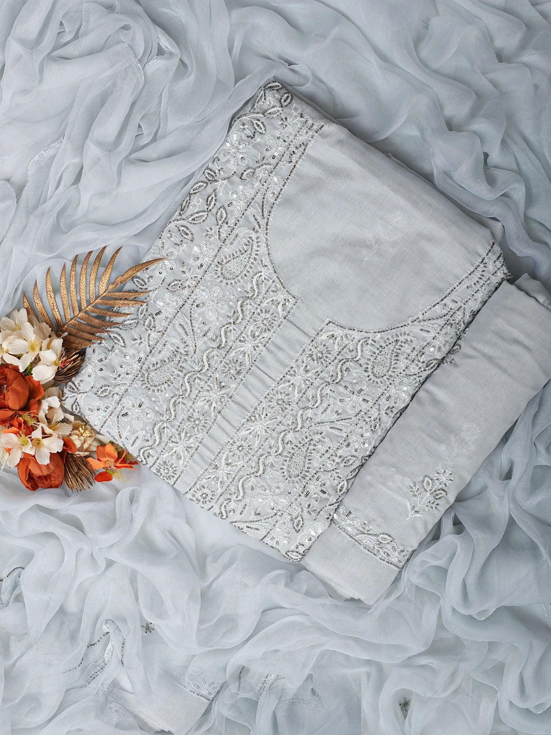 Ada Hand Embroidered Grey Cotton Lucknowi Chikankari Unstitched Suit Piece With Cutdana Work 01A646074