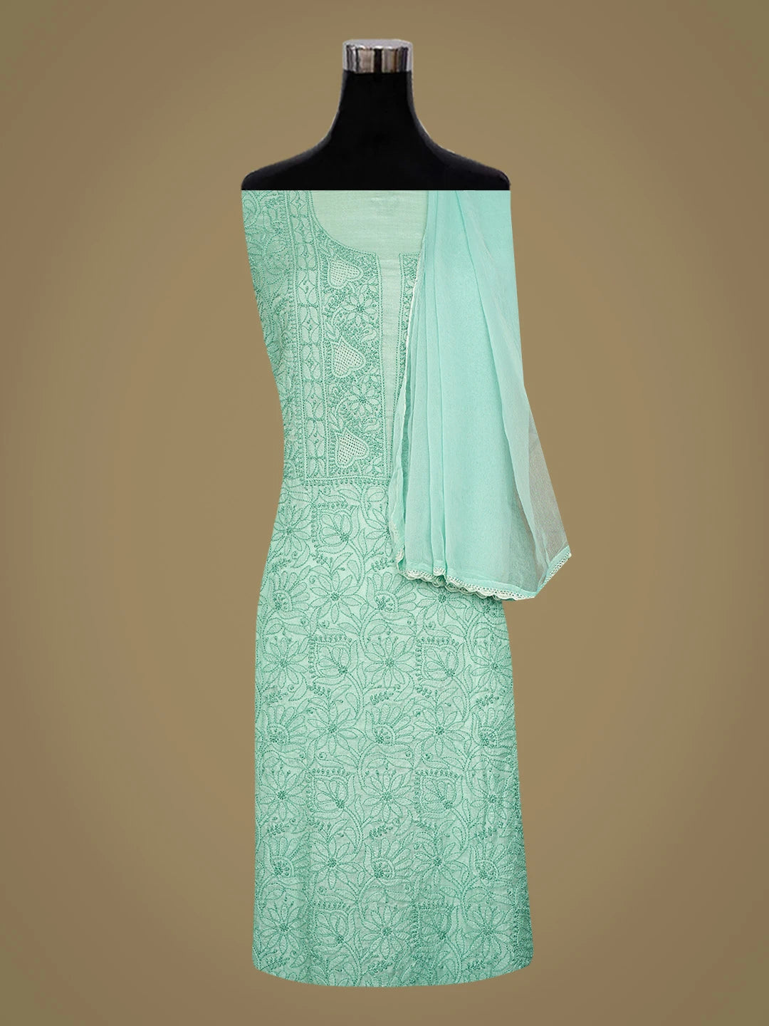 Ada Hand Embroidered Sea Green Silk Lucknowi Chikankari Unstitched Suit Piece 01A746274