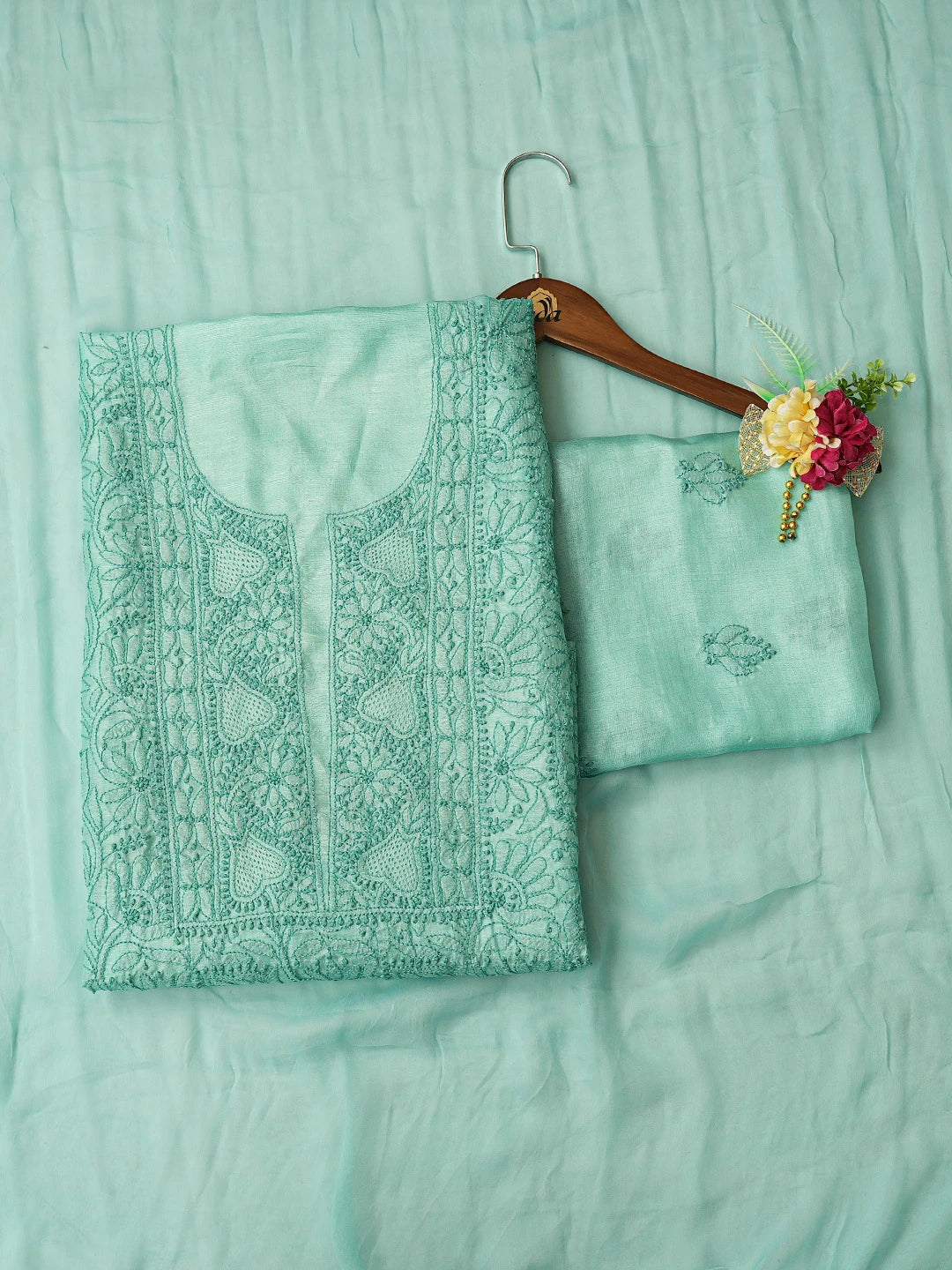 Ada Hand Embroidered Sea Green Silk Lucknowi Chikankari Unstitched Suit Piece 01A746274