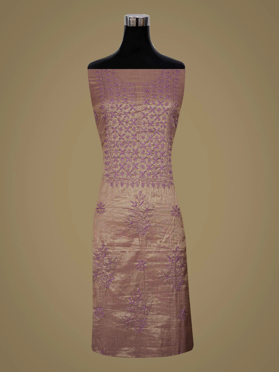 Ada Hand Embroidered Wine Tissue Lucknowi Chikankari Unstitched Kurta Dupatta Set 01A788931