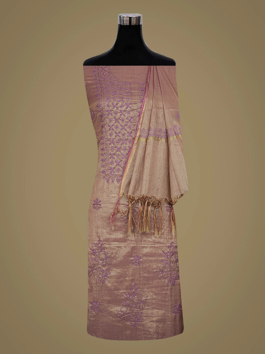 Ada Hand Embroidered Wine Tissue Lucknowi Chikankari Unstitched Kurta Dupatta Set 01A788931
