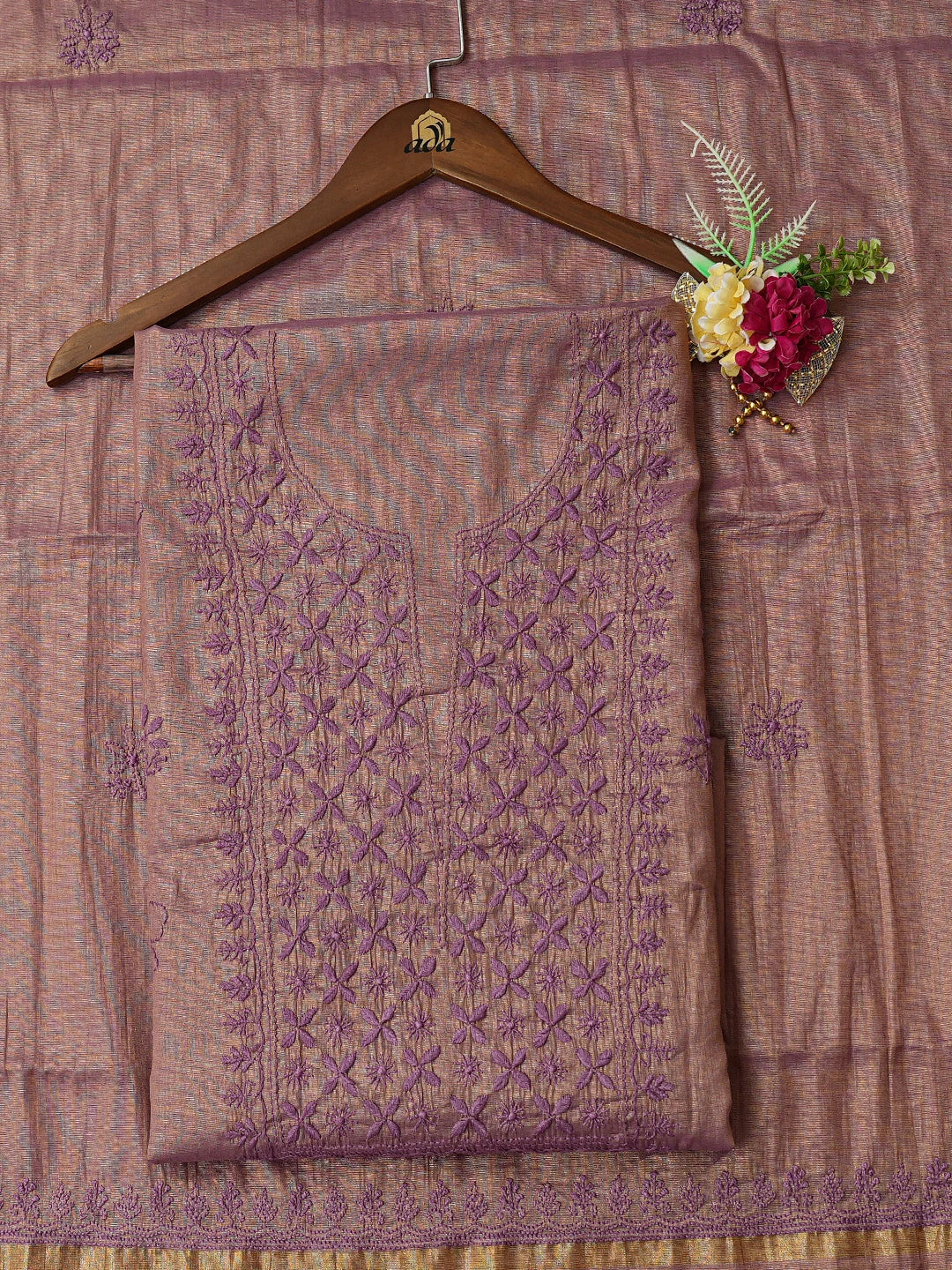 Ada Hand Embroidered Wine Tissue Lucknowi Chikankari Unstitched Kurta Dupatta Set 01A788931