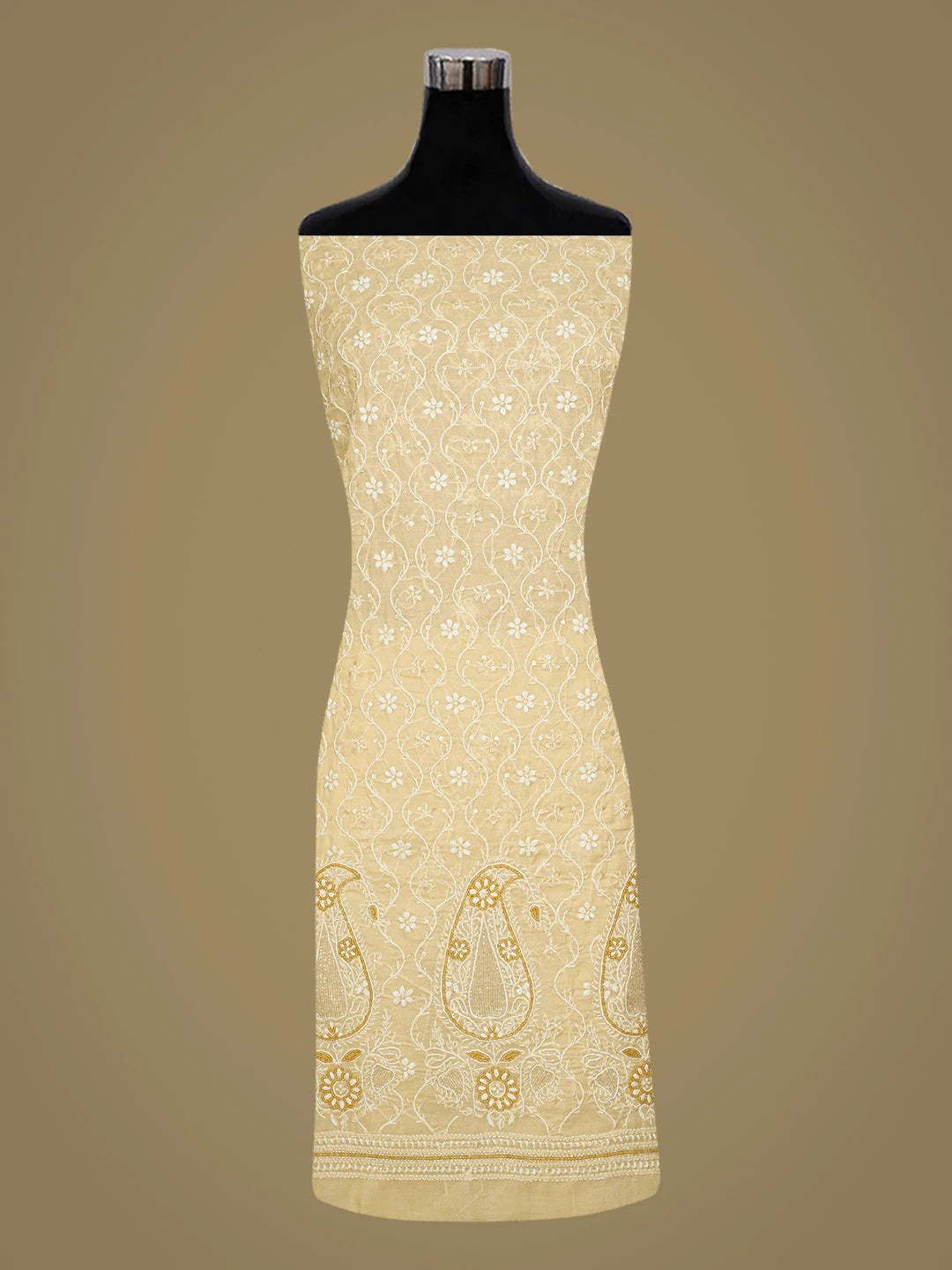 Ada Hand Embroidered Biscuit Yellow Cotton Lucknowi Chikankari Unstitched Suit Piece With Cutdana Work 01A678214