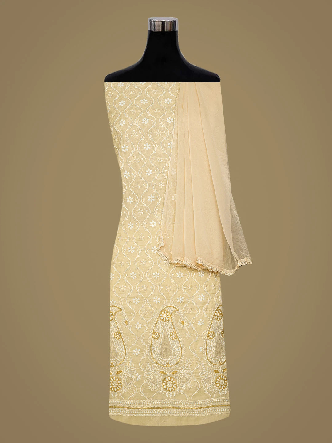 Ada Hand Embroidered Biscuit Yellow Cotton Lucknowi Chikankari Unstitched Suit Piece With Cutdana Work 01A678214