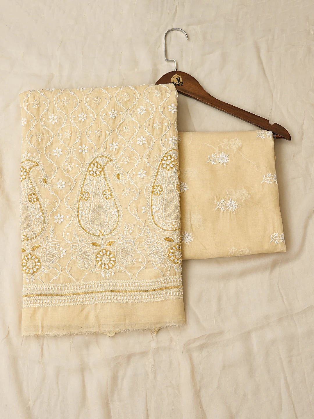 Ada Hand Embroidered Biscuit Yellow Cotton Lucknowi Chikankari Unstitched Suit Piece With Cutdana Work 01A678214