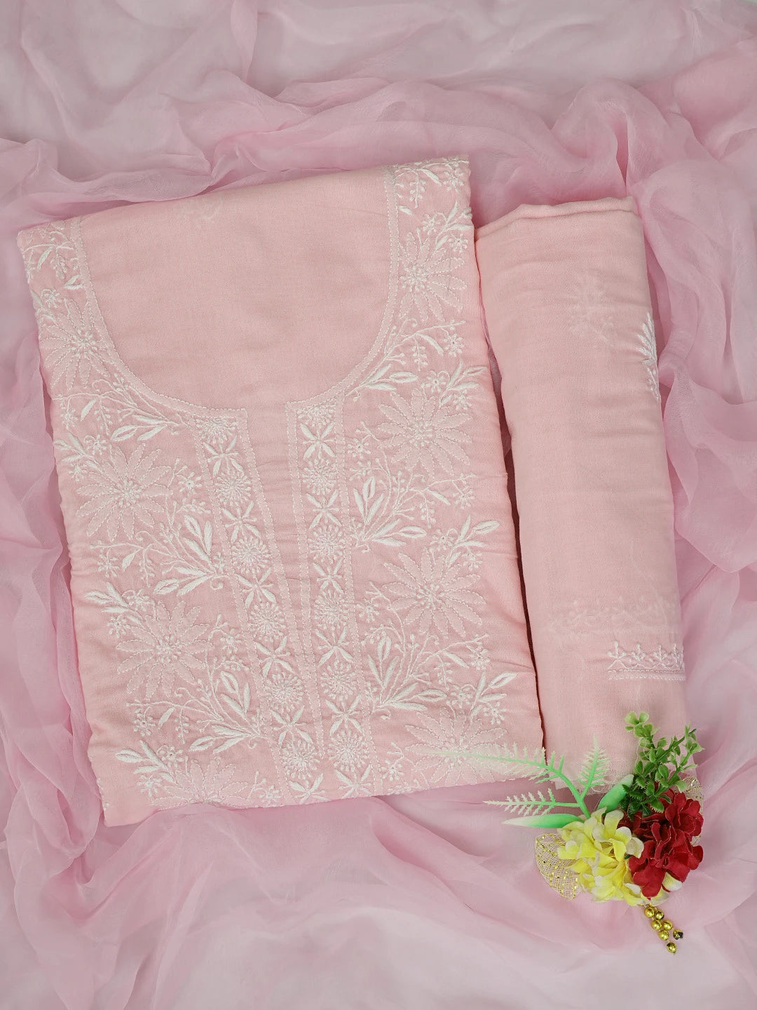 Ada Hand Embroidered Pink Cotton Lucknowi Chikankari Unstitched Suit Piece 01A773533