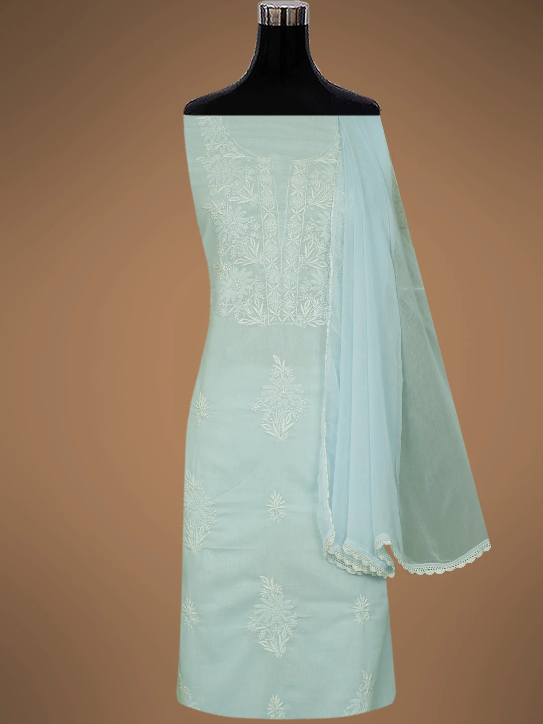 Ada Hand Embroidered Sky Blue Cotton Lucknowi Chikankari Unstitched Suit Piece 01A773562