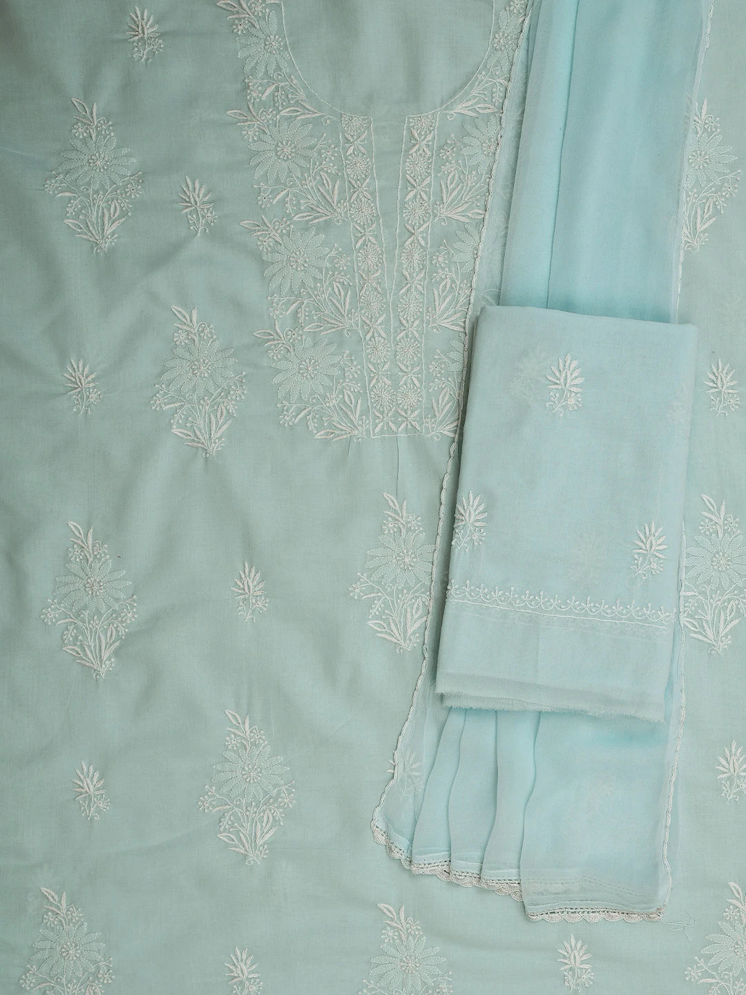 Ada Hand Embroidered Sky Blue Cotton Lucknowi Chikankari Unstitched Suit Piece 01A773562