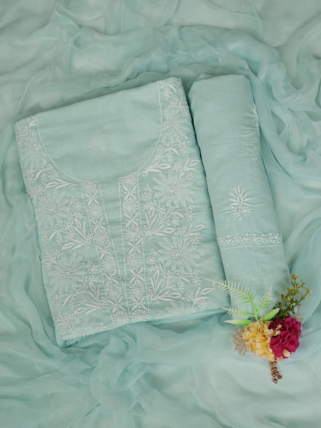 Ada Hand Embroidered Sky Blue Cotton Lucknowi Chikankari Unstitched Suit Piece 01A773562