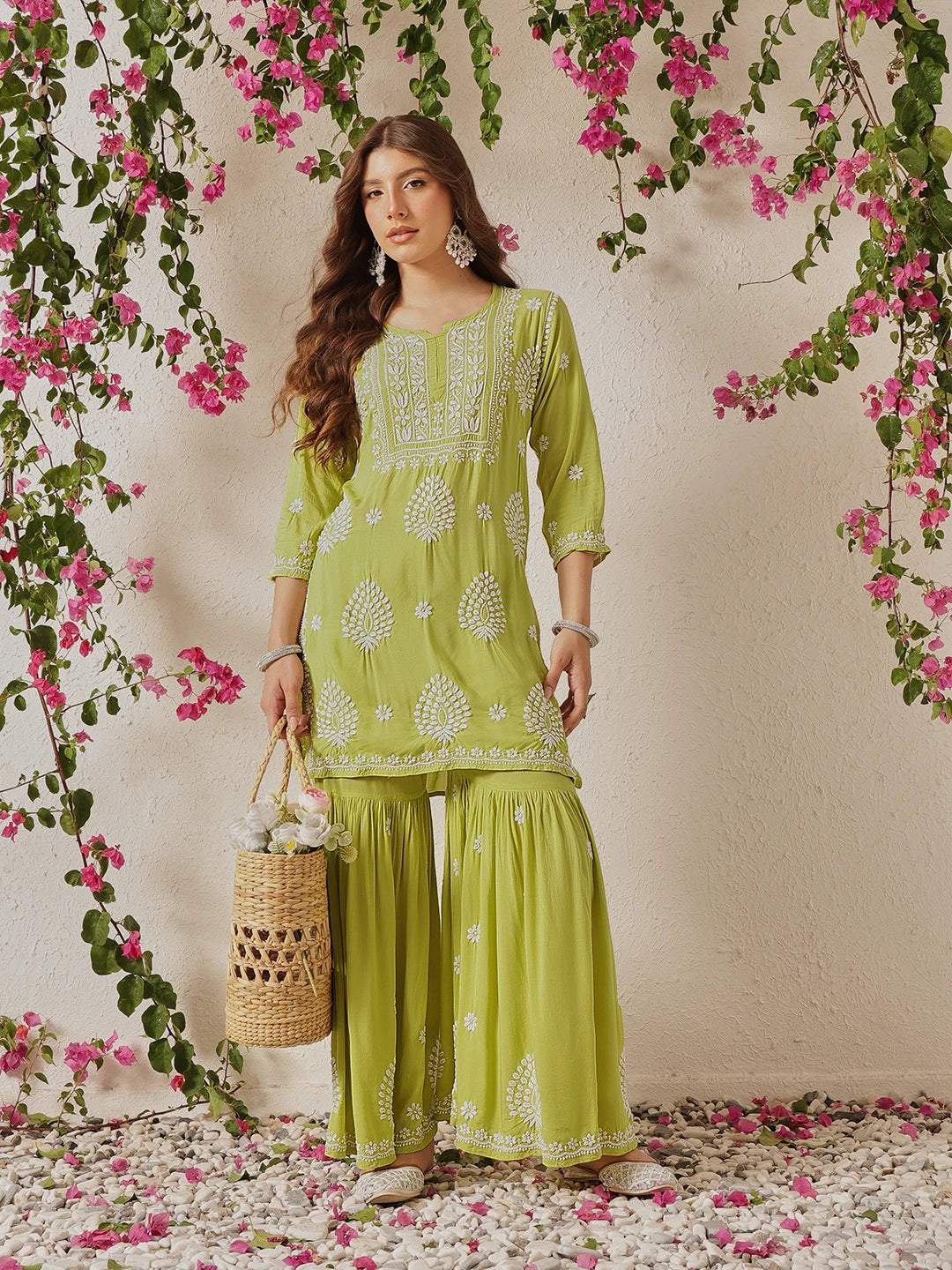 Ada Hand Embroidered Liril Green Modal Lucknowi Chikankari Garara Set A811327