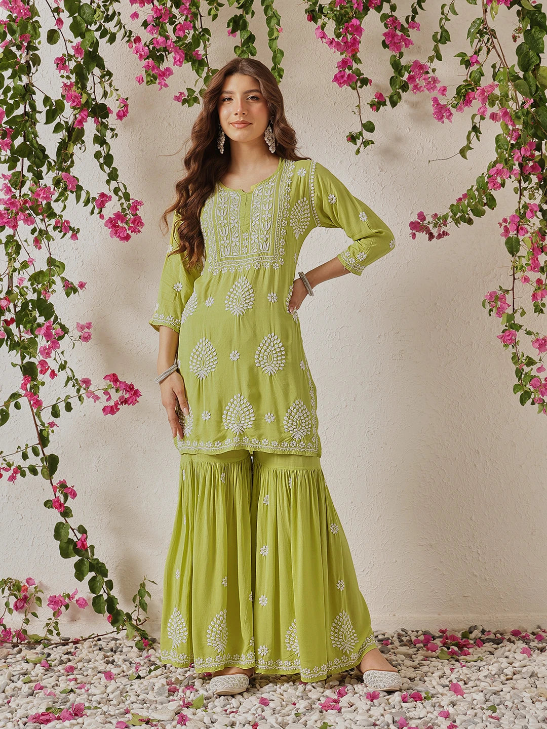 Ada Hand Embroidered Liril Green Modal Lucknowi Chikankari Garara Set A811327