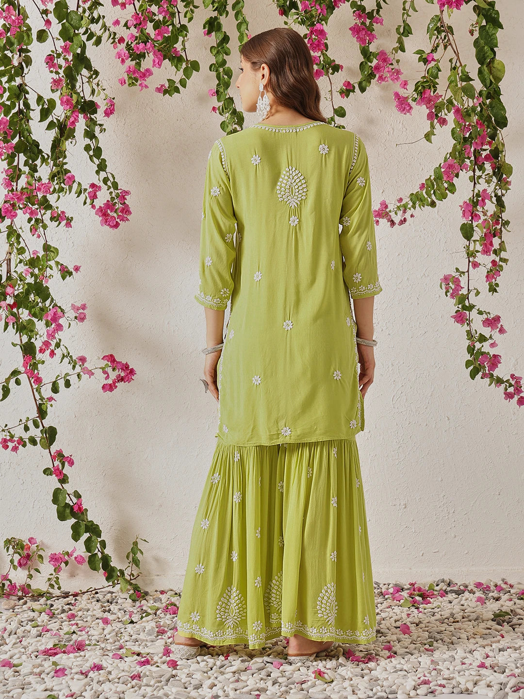 Ada Hand Embroidered Liril Green Modal Lucknowi Chikankari Garara Set A811327