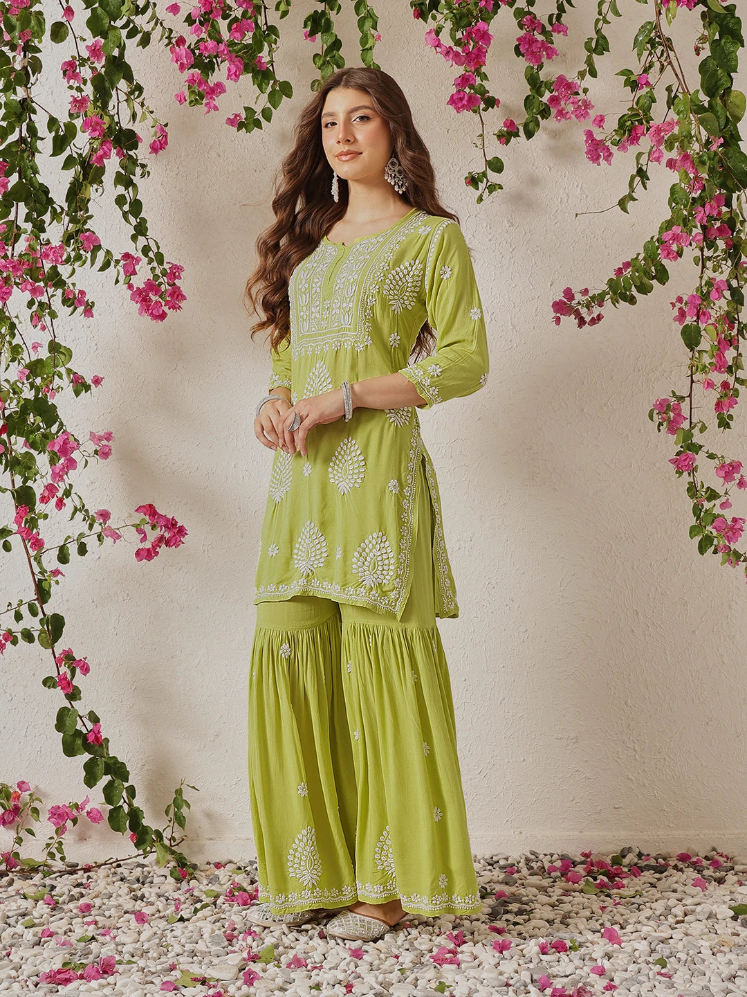 Ada Hand Embroidered Liril Green Modal Lucknowi Chikankari Garara Set A811327