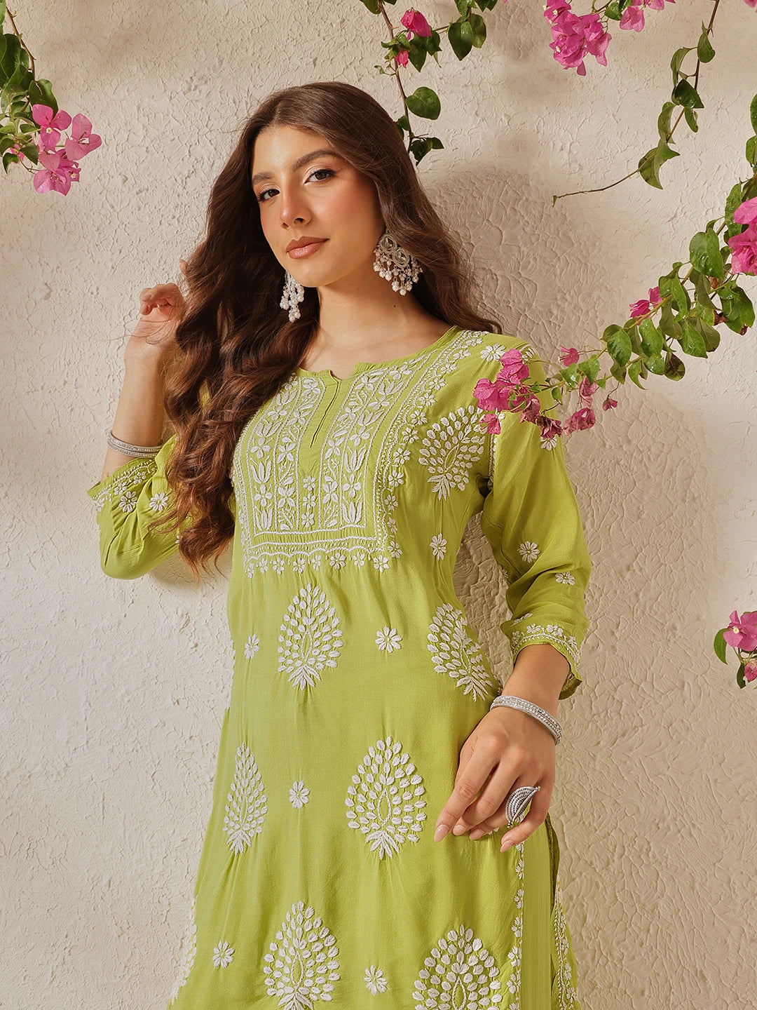 Ada Hand Embroidered Liril Green Modal Lucknowi Chikankari Garara Set A811327