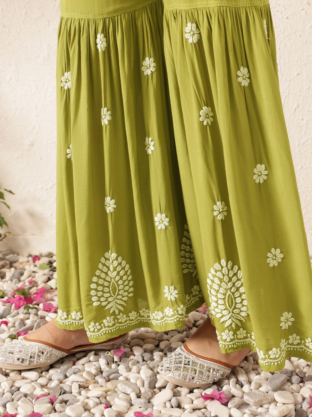 Ada Hand Embroidered Liril Green Modal Lucknowi Chikankari Garara Set A811327