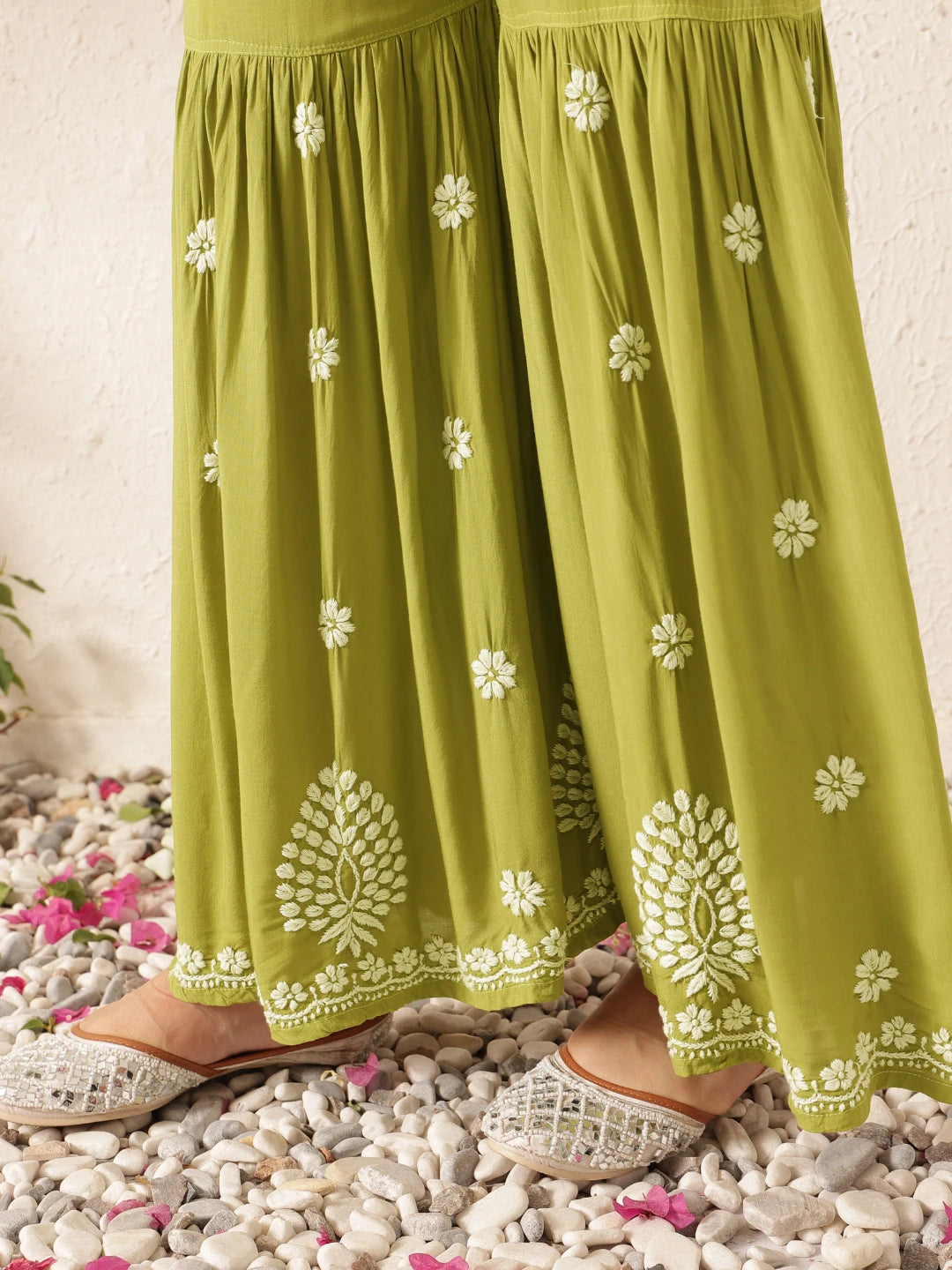 Ada Hand Embroidered Liril Green Modal Lucknowi Chikankari Garara Set A811327