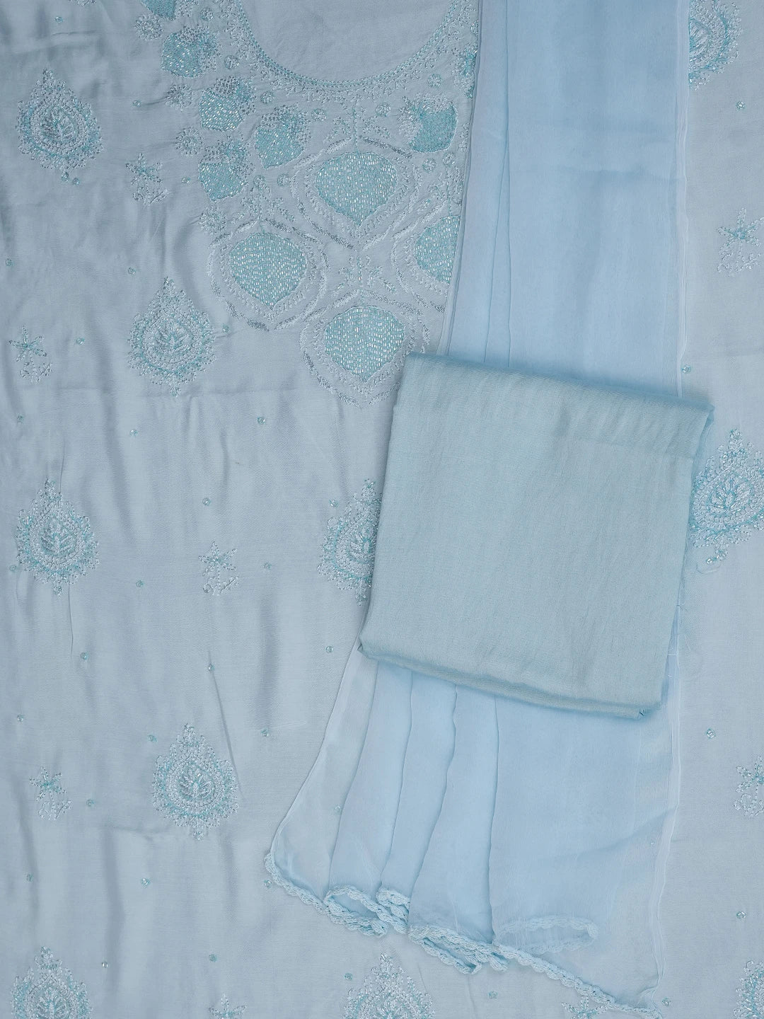 Ada Hand Embroidered Ice Blue Muslin Lucknowi Chikankari Unstitched Suit Piece With Cutdana Work 01A814905