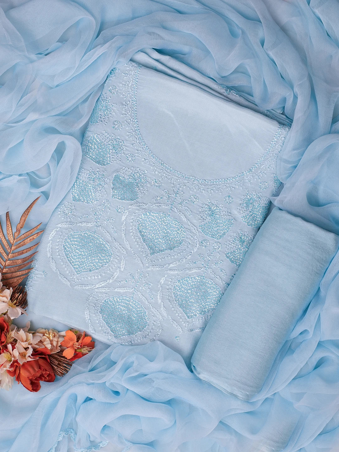 Ada Hand Embroidered Ice Blue Muslin Lucknowi Chikankari Unstitched Suit Piece With Cutdana Work 01A814905