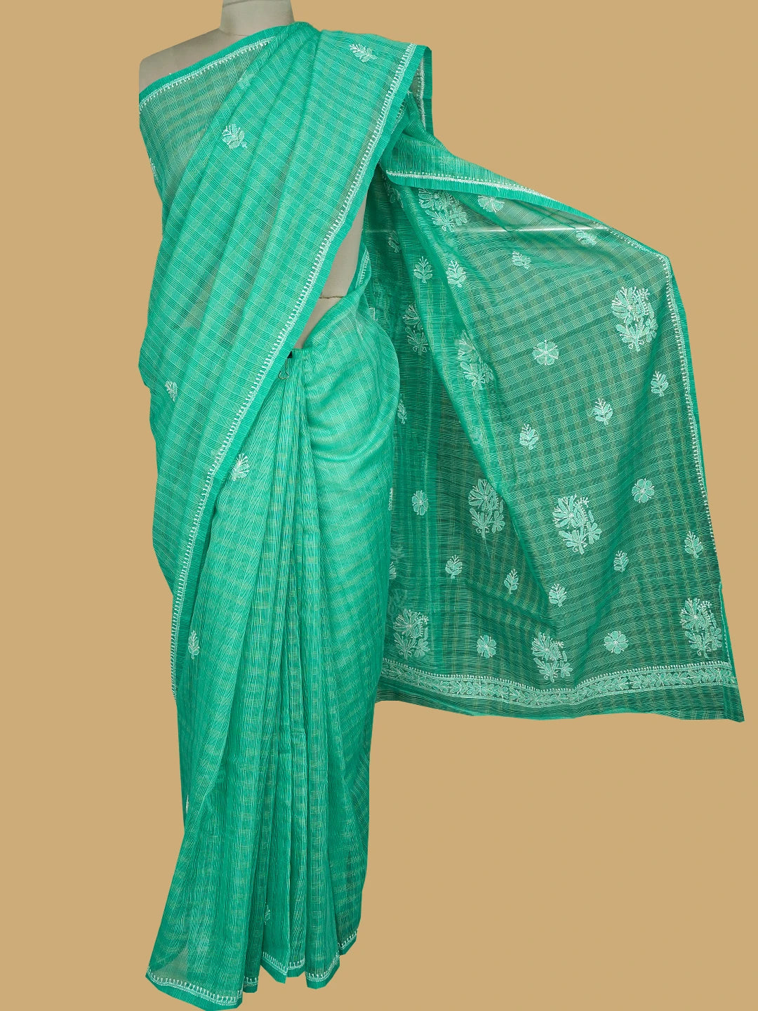 Ada Hand Embroidered Paris Green Super Net Lucknowi Chikankari Saree and Blouse 01A775623