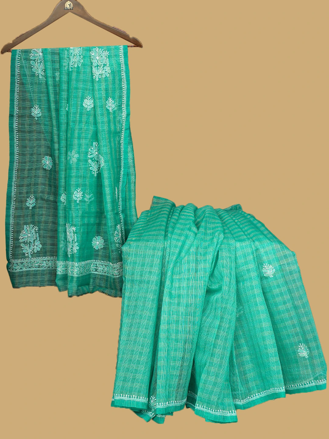 Ada Hand Embroidered Paris Green Super Net Lucknowi Chikankari Saree and Blouse 01A775623