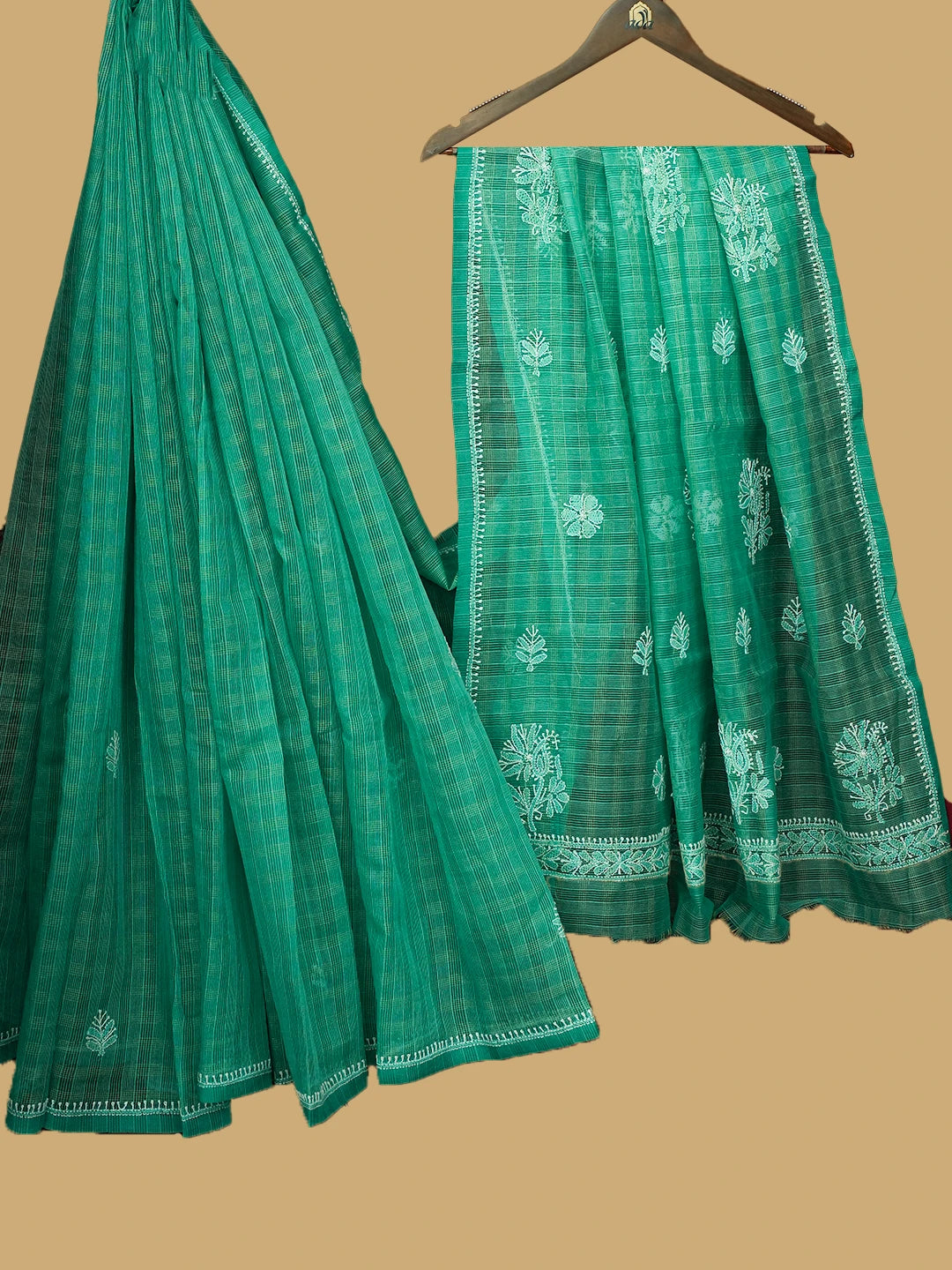 Ada Hand Embroidered Paris Green Super Net Lucknowi Chikankari Saree and Blouse 01A775623