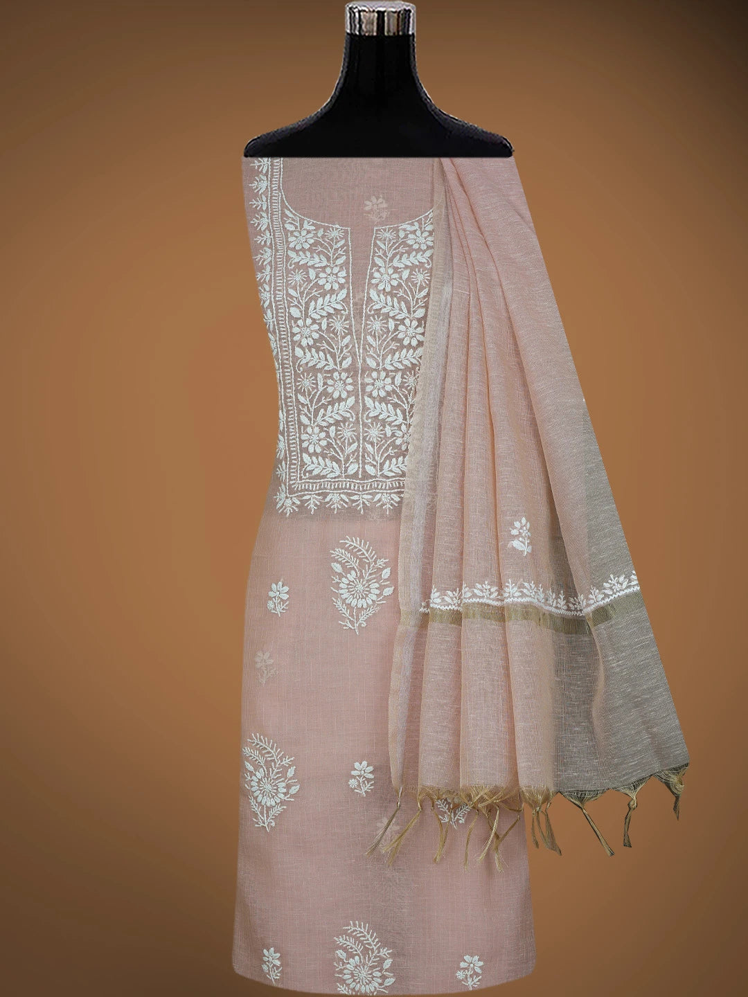 Ada Hand Embroidered Dusty Pink Tissue Lucknowi Chikankari Unstitched Kurta Dupatta Set 01A818308