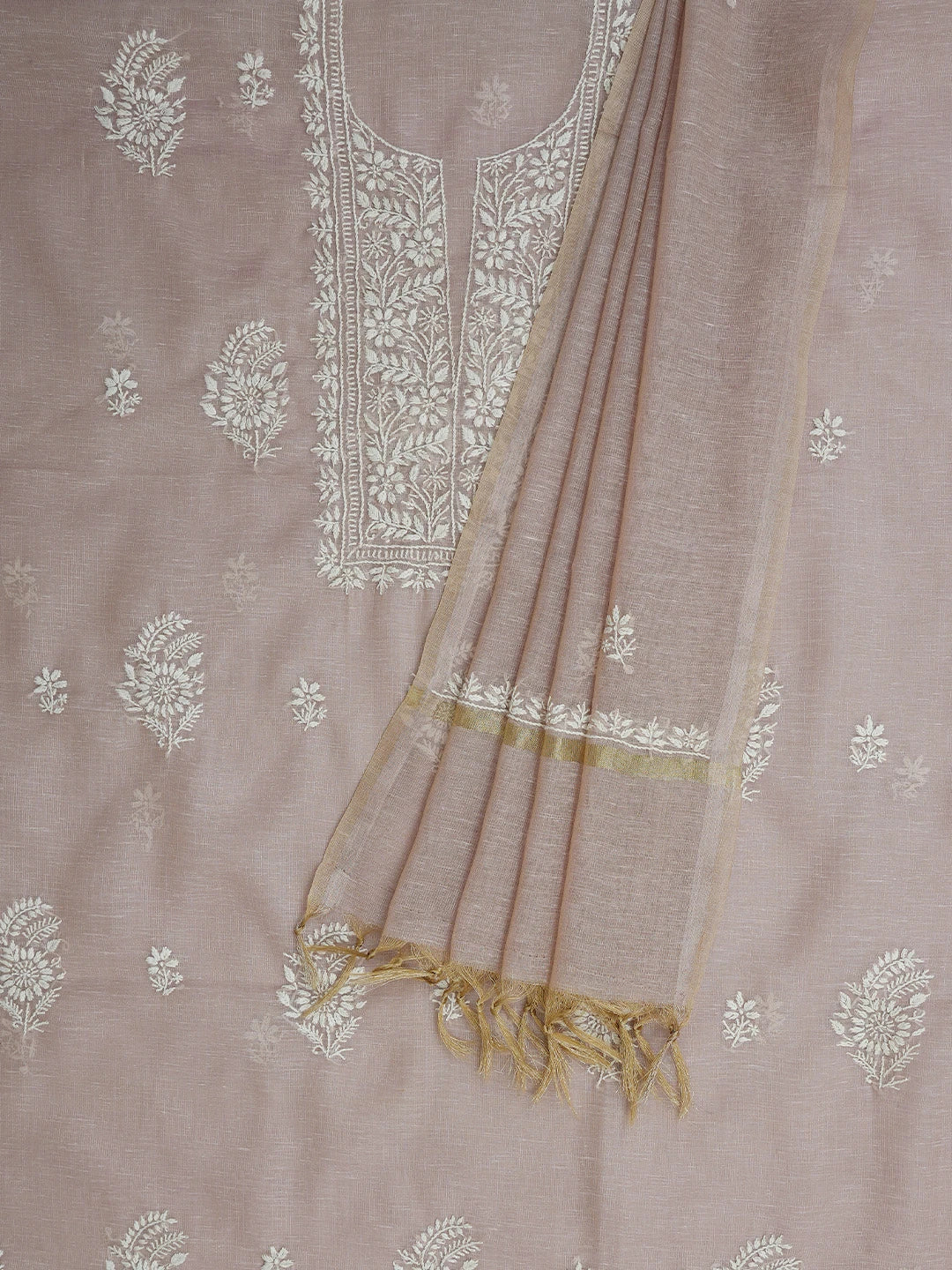 Ada Hand Embroidered Dusty Pink Tissue Lucknowi Chikankari Unstitched Kurta Dupatta Set 01A818308