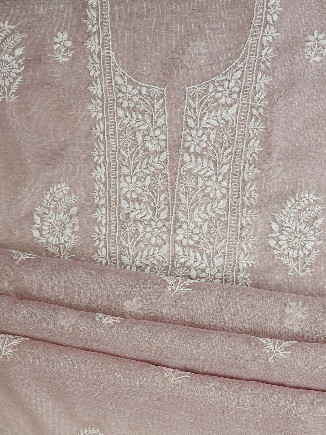 Ada Hand Embroidered Dusty Pink Tissue Lucknowi Chikankari Unstitched Kurta Dupatta Set 01A818308