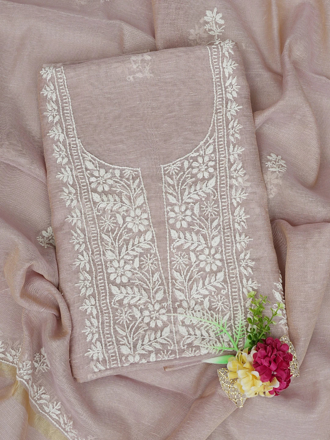 Ada Hand Embroidered Dusty Pink Tissue Lucknowi Chikankari Unstitched Kurta Dupatta Set 01A818308