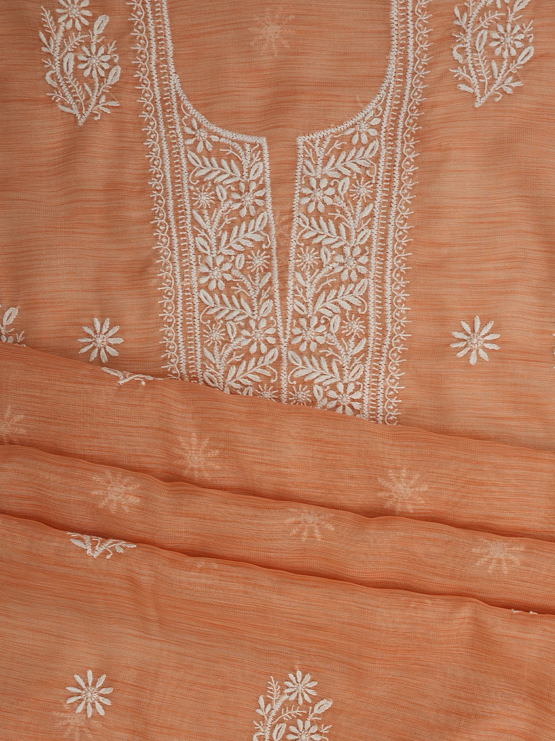 Ada Hand Embroidered Creamy Peach Tissue Lucknowi Chikankari Unstitched Kurta Dupatta Set 01A818309
