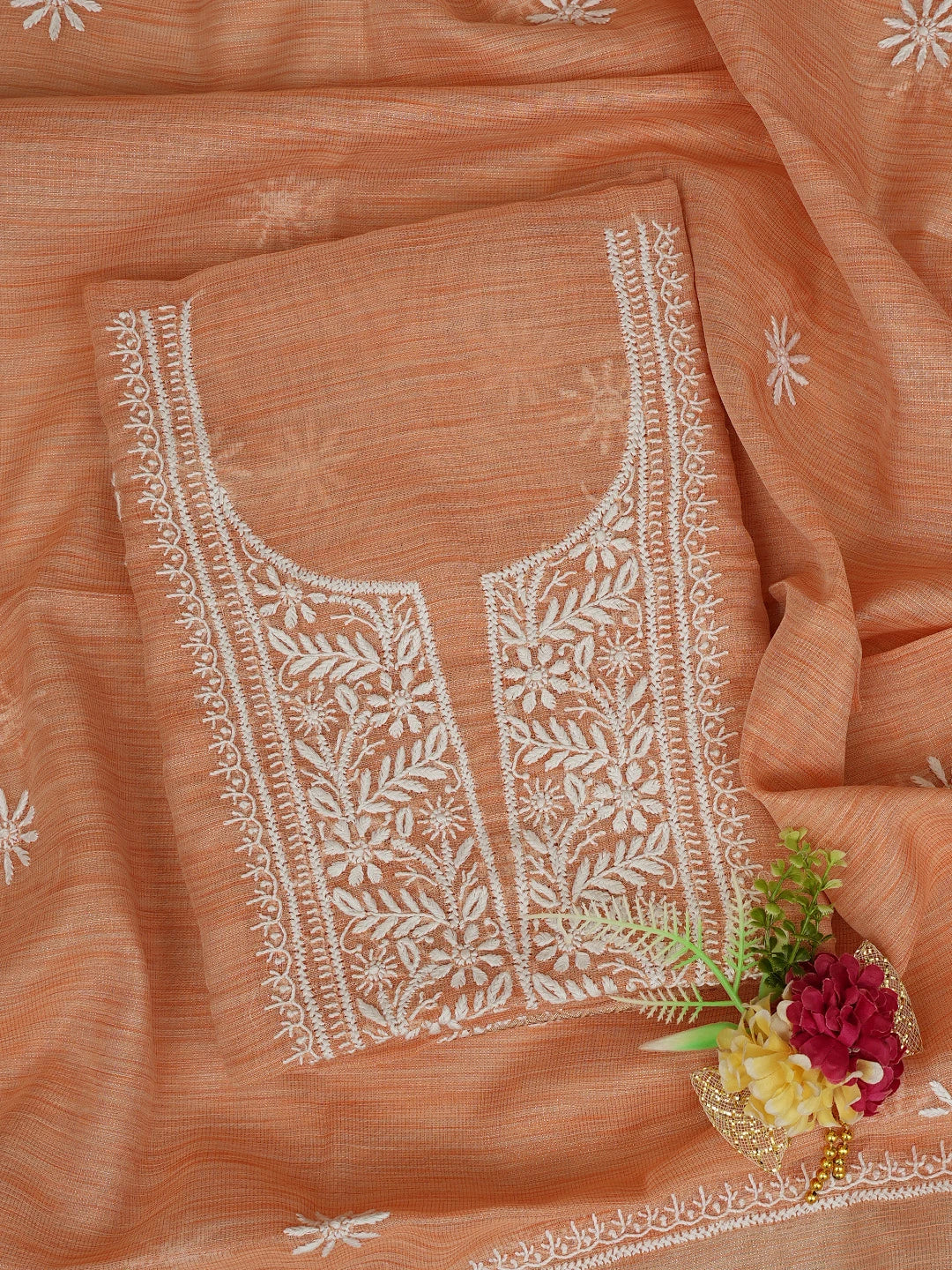 Ada Hand Embroidered Creamy Peach Tissue Lucknowi Chikankari Unstitched Kurta Dupatta Set 01A818309