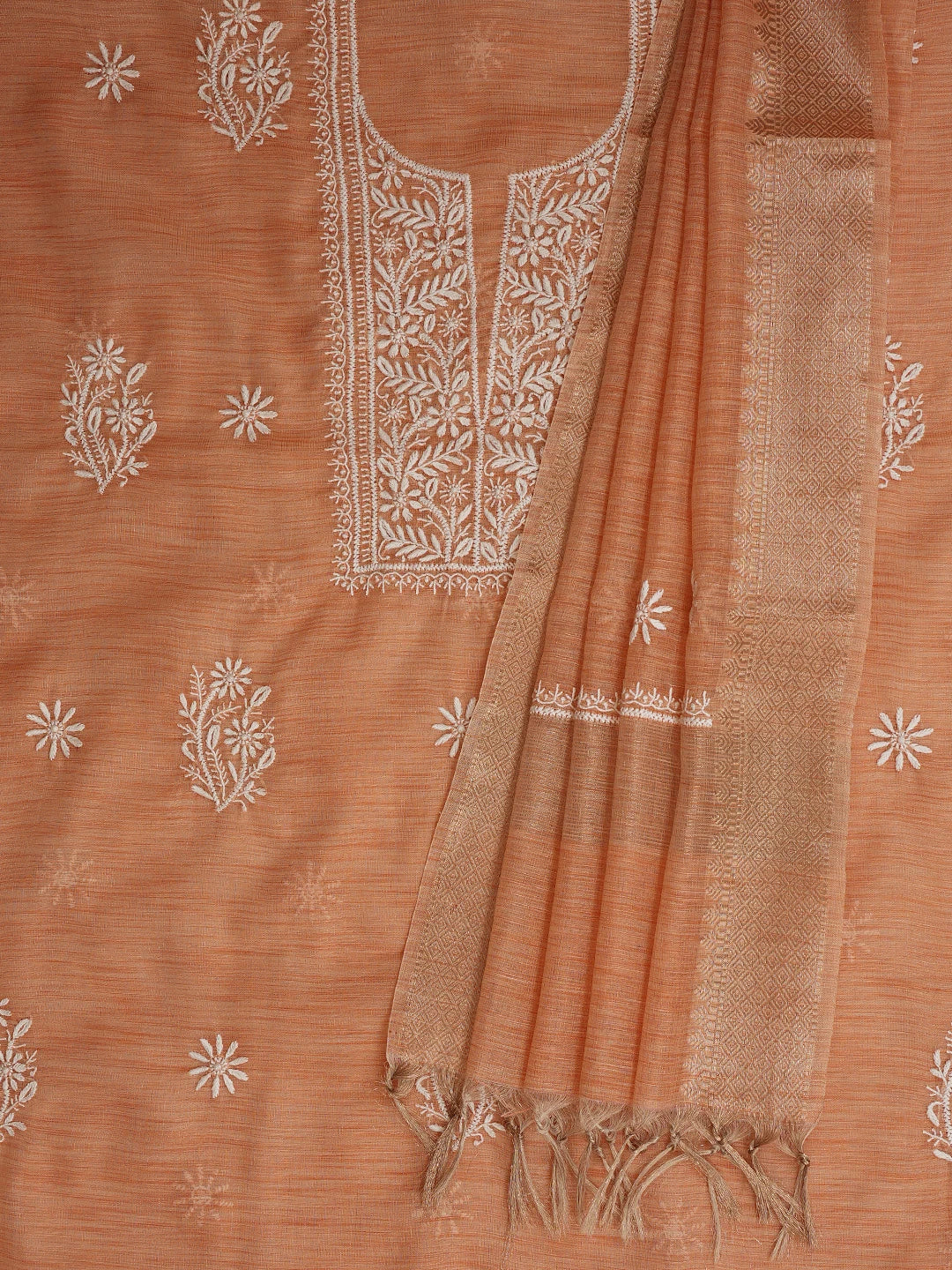 Ada Hand Embroidered Creamy Peach Tissue Lucknowi Chikankari Unstitched Kurta Dupatta Set 01A818309