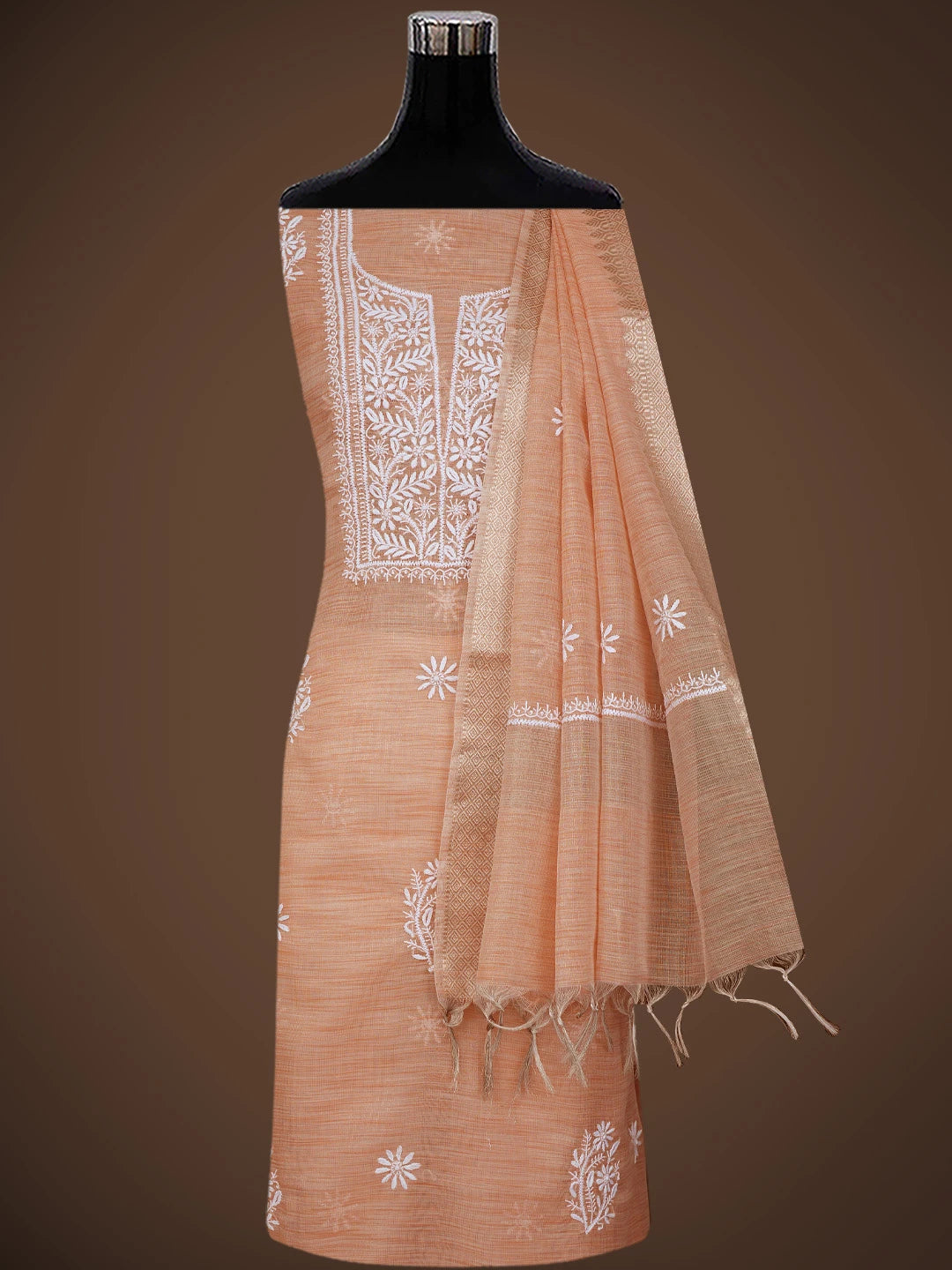 Ada Hand Embroidered Creamy Peach Tissue Lucknowi Chikankari Unstitched Kurta Dupatta Set 01A818309