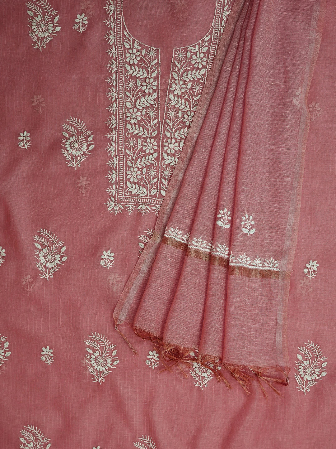 Ada Hand Embroidered Dusty Peach Tissue Lucknowi Chikankari Unstitched Kurta Dupatta Set 01A818304