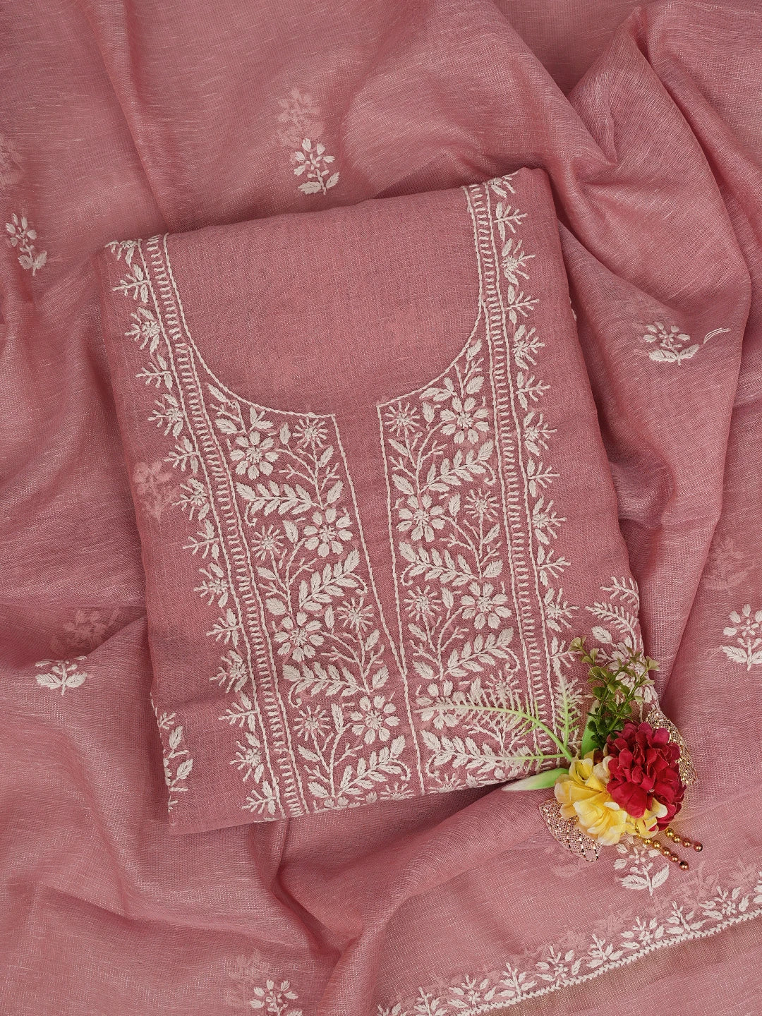Ada Hand Embroidered Dusty Peach Tissue Lucknowi Chikankari Unstitched Kurta Dupatta Set 01A818304