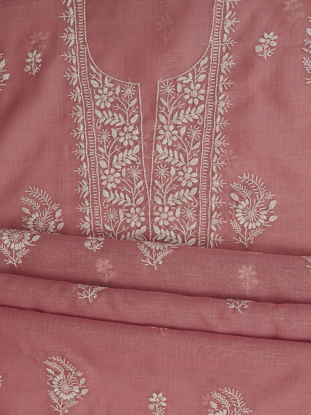 Ada Hand Embroidered Dusty Peach Tissue Lucknowi Chikankari Unstitched Kurta Dupatta Set 01A818304