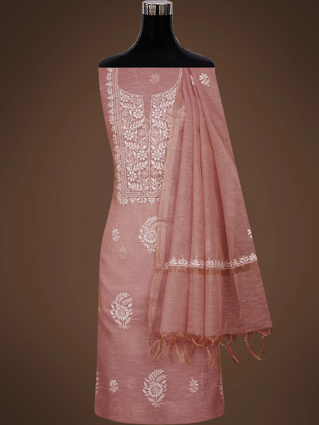 Ada Hand Embroidered Dusty Peach Tissue Lucknowi Chikankari Unstitched Kurta Dupatta Set 01A818304
