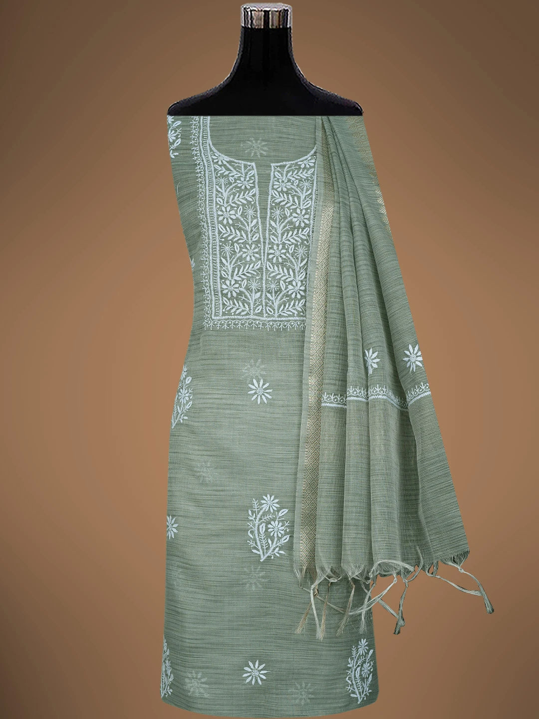 Ada Hand Embroidered Grey Tissue Lucknowi Chikankari Unstitched Kurta Dupatta Set 01A818310