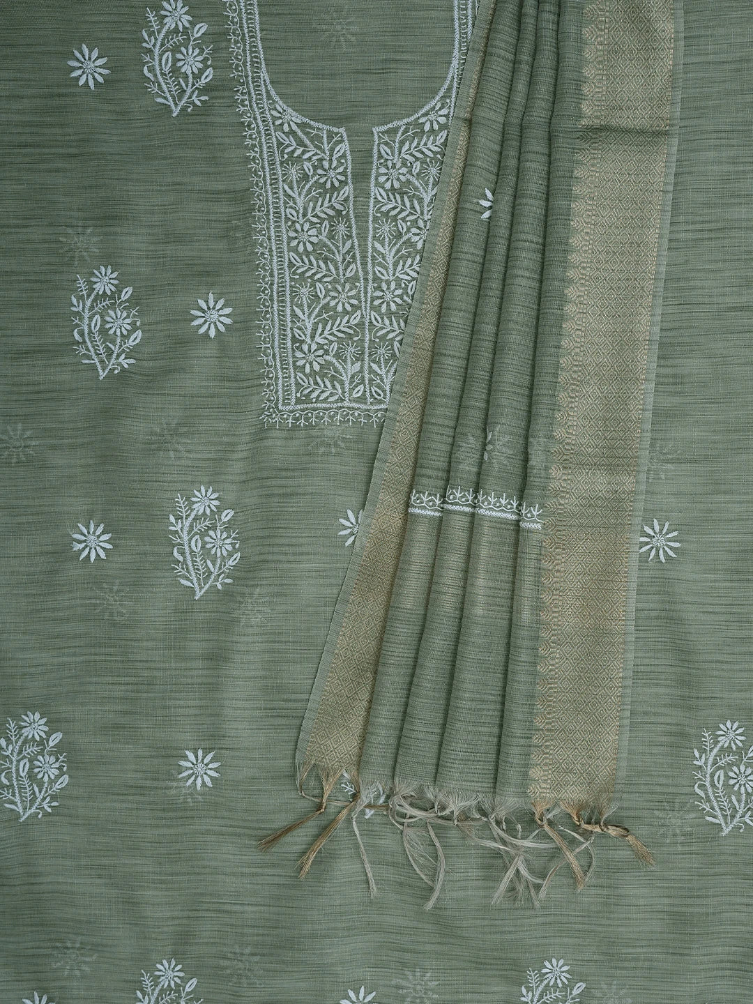 Ada Hand Embroidered Grey Tissue Lucknowi Chikankari Unstitched Kurta Dupatta Set 01A818310