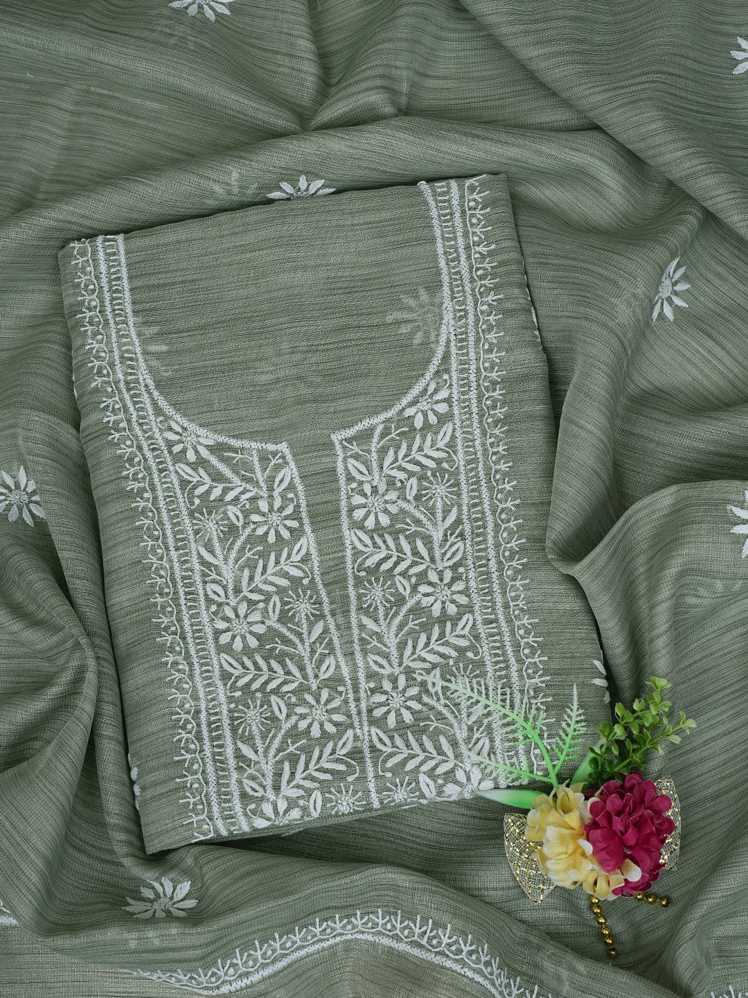 Ada Hand Embroidered Grey Tissue Lucknowi Chikankari Unstitched Kurta Dupatta Set 01A818310