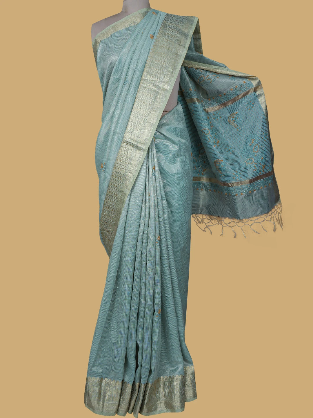 Ada Hand Embroidered Teal Green Tissue Lucknowi Chikankari Saree and Blouse 01A814556